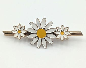 Vintage Daisy Enamel Barrette | White & Yellow Floral Hair Clip | Retro 1960s–1970s Style