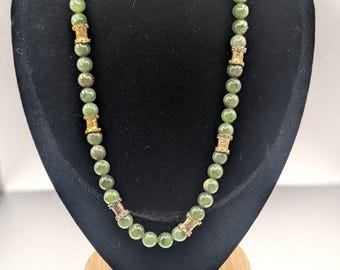 Green Jadeite Gemstone Necklace with Gold Tone Beads