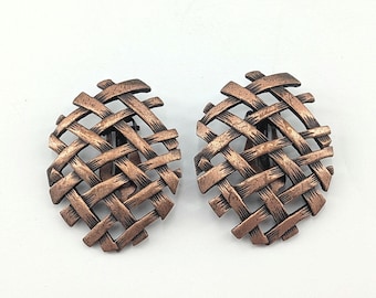 Vintage Antiqued Copper Criss Cross Clip On Earrings, Woven Basket Style Statement Earrings, Textured Bronze Tone Costume Jewelry