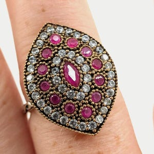Vintage Ottoman Style Ring, Pink Rhinestone Statement, Ruby Crystal, Gold-Tone Boho Jewelry