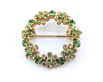 Vintage Green Rhinestone Wreath Brooch, Gold Tone Floral Cluster Pin, Mid Century Costume Jewelry