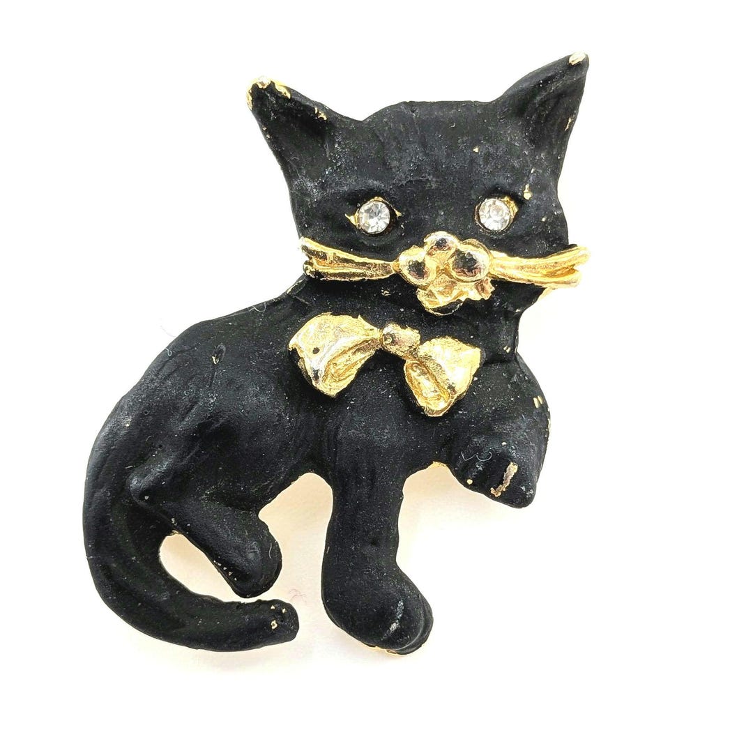 Vintage Black Cat Brooch With Rhinestone Eyes – Gold Tone Bow Kitty Pin ...