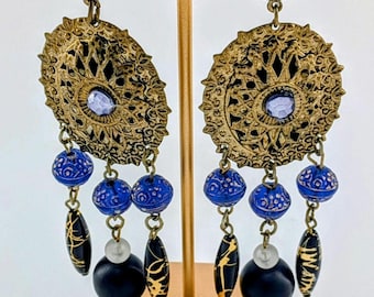 Vintage Chandelier Earrings | Gold Filigree, Blue Glass & Black Beads