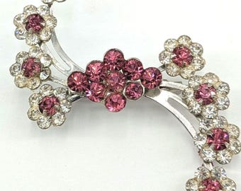 Vintage Pink Rhinestone Floral Brooch, Mid Century Crystal Daisy Pin