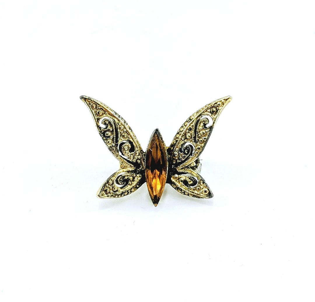 Vintage Gold Butterfly Brooch, Amber Rhinestone, Filigree Wing ...