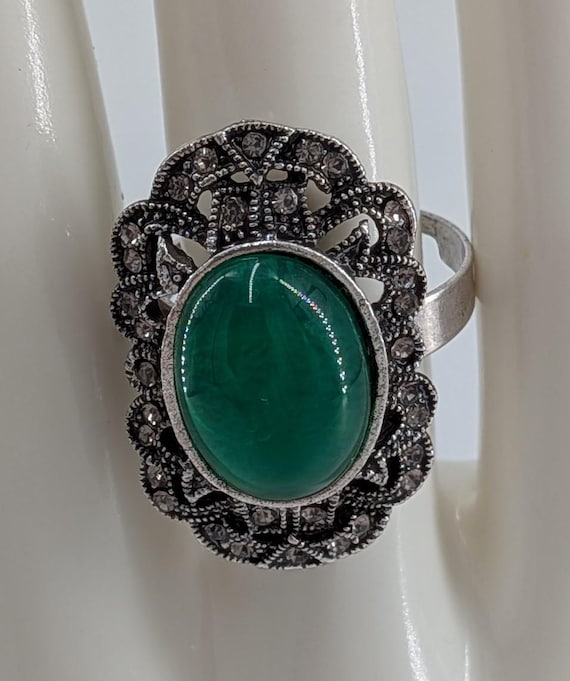 Green Cabochon Statement Ring Adjustable Vintage … - image 3