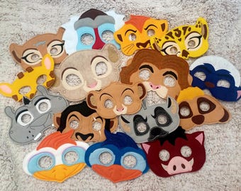 Safari King Masks. Lion, Cheetah, Hyena, Bird, Meerkat, Honey Badger, Baboon, Hippo, Giraffe and Warthog Felt Masks. Two Sizes.