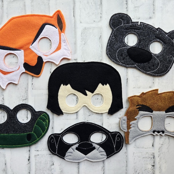 Jungle Book Friends Inspired Handmade Felt Masks. Two Sizes. Bear, Orangutan, Jaguar, Black Panther, Tiger, Python and Boy. Costume.