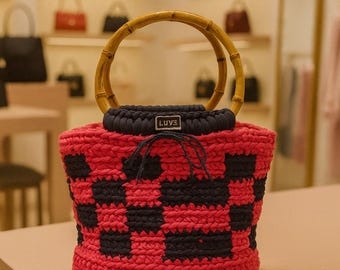 Handmade Italian Crochet Tote: Pink & Navy Checkerboard Bag with Bamboo Handles