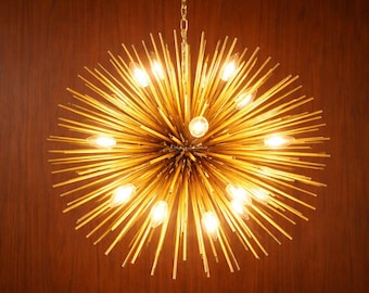 Gold Sputnik Chandelier, Mid-Century Modern Starburst Ceiling Light