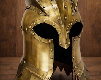 Golden Medieval Warrior Helmet | Handmade Metal Knight Armor | LARP Cosplay Headgear