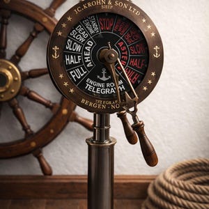 Könnte beinhalten: Ein antiker Schiffsmaschinentelegraf aus Bronze. Das runde Zifferblatt zeigt Befehle wie "Stop" und "Full" an, mit den Texten "J.C. Krohn & Son Ltd." und "Bergen-No." Er hat Holzgriffe und ein maritimes Thema.