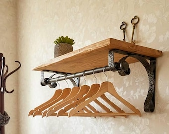 Hand Forged Mudroom Shelf with Hanging Rod, Rustic Mudroom Coat Rack Shelf, Wall Mounted Entryway Organizer, Farmhouse Hallway Storage