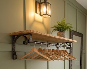 Hand Forged Steel Entryway Shelf with Hanging Rod, Rustic Farmhouse Coat Rack