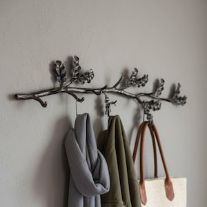 Handmade metal wall decor, wrought iron wall hooks, housewarming gift idea, handmade wall hanger, functional oak branch wall decoration