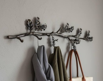 Handmade metal wall decor, wrought iron wall hooks, housewarming gift idea, handmade wall hanger, functional oak branch wall decoration