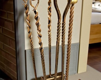 Hand Forged Wrought Iron Fireplace Tool Set – Blacksmith Crafted, 6th and 11th anniversary gift,forged metal tools for the fireplace hearth