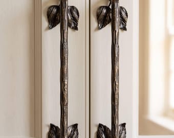 Forged Leaf Door Pull Handle, Rustic Tree Bark Handle, Handmade Entry Door Pull, Hidden Mount, 12–47 in