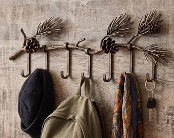 Rustic Wall Coat Rack, Hand Forged Pine Branch Hooks with Pine Cones, Cabin & Mountain Lodge Entryway Decor