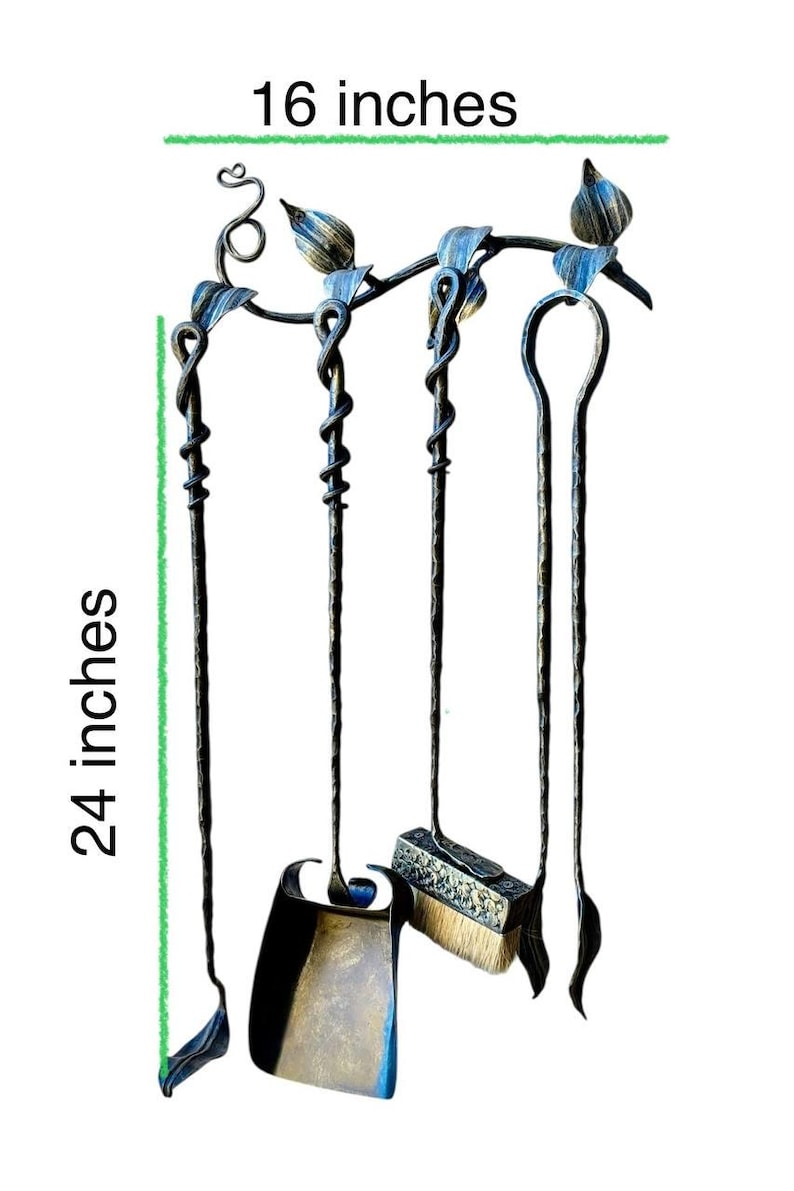 May include: Hand-forged fireplace tool set, 24 inches tall and 16 inches wide, featuring a poker, shovel, brush, and a log lifter. The set has a decorative bird and leaf design with blue and gold accents. The tools are made of dark metal.