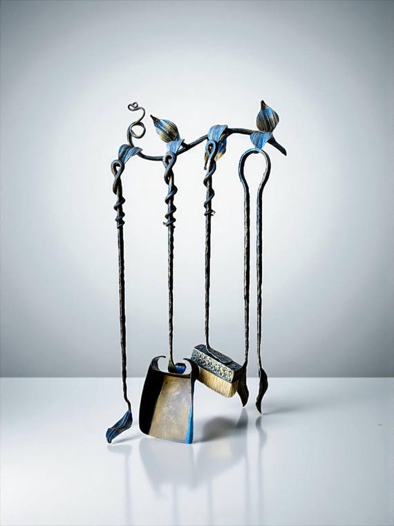 Rustic Fireplace Tool Set,Hand Forged Wrought Iron Hearth Tools with Leaf Hooks, Shovel, Poker, Tongs, Brush, 24 inch Handmade Fire Tool Set