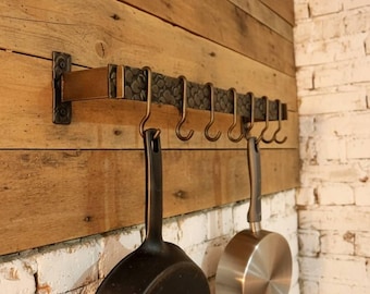 Hand Forged Kitchen Rack with Hooks | Heavy Duty Pan Hanger | Modern Industrial Wall Storage
