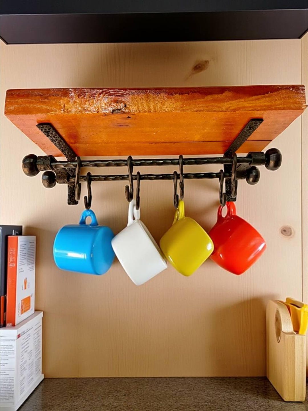 Iron Kitchen Rack Hand Forged Iron Kitchen Rack With Hooks, Rustic Wall Shelf - Etsy