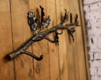 Forged Oak Branch Coat Rack, Wall Hooks for Clothes, Tree Branch Hanger, Handmade Iron Wall Hook, Rustic Farmhouse Decor, Entryway Hook