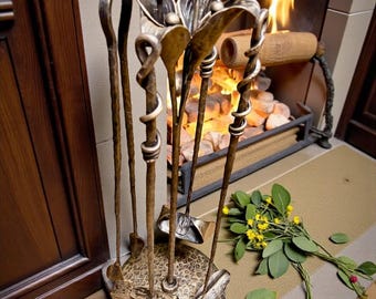 A set of forged fireplace tools.High-quality iron tools with a stand:poker,shovel,brush,and tongs.A Gift for home decor.Personalization!