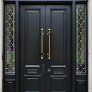 Modern door handle in contemporary style, minimalist metal handles for entrance doors, modern premium design