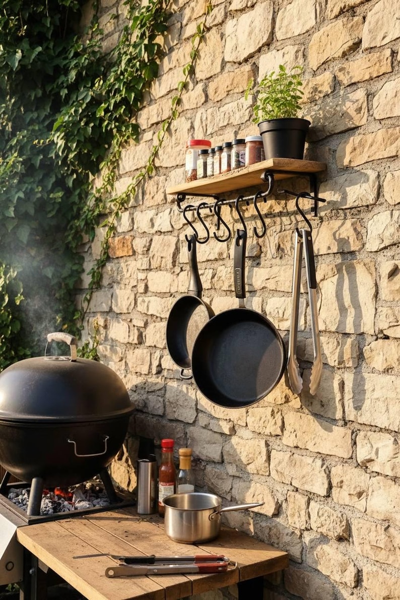 Forged Steel BBQ Tool Rack – Outdoor Grill Organizer With Hooks,patio ...