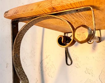 Farmhouse Coat Rack with Shelf, Hand Forged Wall Coat Rack, Rustic Entryway Shelf with Hanging Rod, Farmhouse Wall Organizer