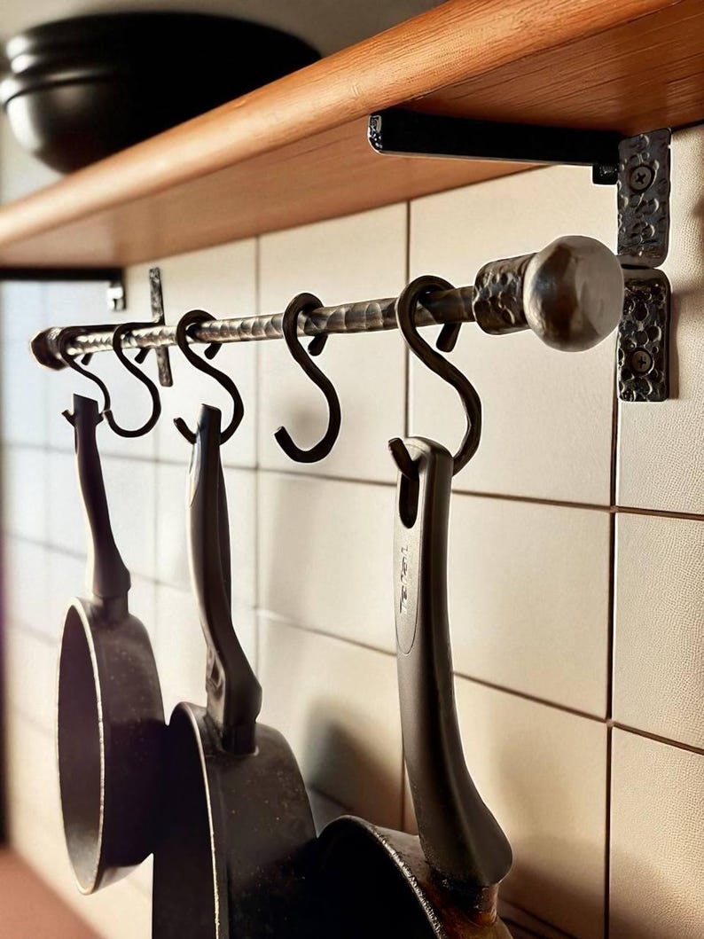 Iron Kitchen Rack Handmade Wrought Iron Kitchen Rack With Hooks,rustic Wall Shelf, Unique ...