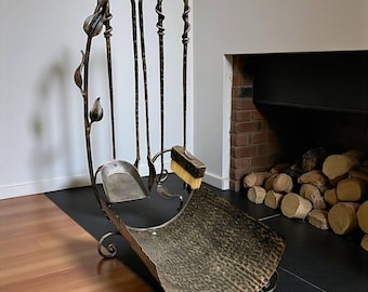 Rustic Forged Fireplace Set,Hand-Forged Iron Log Holder with Tools,Cabin, Lodge & Country Home Decor,Functional Blacksmith Gift