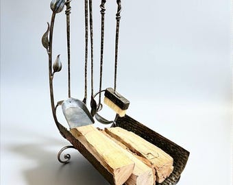 Luxury wrought iron fireplace set,wrought iron firewood stand with tools,functional fireplace decor element,Father's Day gift,anniversary