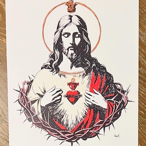 Impressão desenhada à mão do Sagrado Coração de Cristo