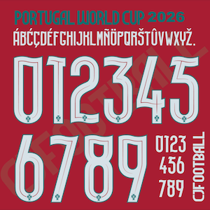 Puede incluir: Un fondo rojo muestra números y letras de camiseta de fútbol blancos y turquesa para la Copa del Mundo de Portugal 2026. Se muestran los números 0-9, junto con un conjunto más pequeño de números y el texto "CJ FOOTBALL".