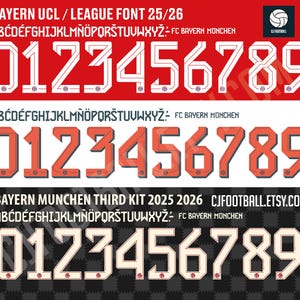 Puede incluir: Imagen que muestra tres fuentes diferentes de números y letras para las camisetas de fútbol del Bayern de Múnich. La fuente superior es blanca sobre fondo rojo, la del medio es naranja sobre blanco y la inferior es blanquecina sobre un fondo a cuadros negro y gris.