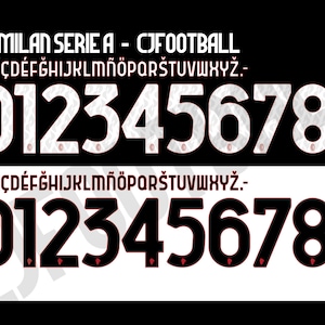 May include: A graphic featuring two sets of football jersey numbers and letters. The top set is white with a textured pattern, and the bottom set is black. Both sets include the numbers 0-9. The text "AC MILAN SERIE A - CJFOOTBALL" is at the top.