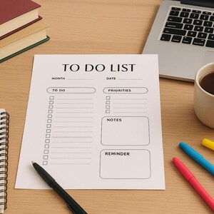 May include: A workspace scene featuring a "TO DO LIST" notepad, a laptop, a coffee mug, and colorful pens. The notepad has sections for tasks, priorities, notes, and reminders. A pen rests on the notepad, ready for use.