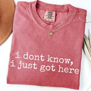 Puede incluir: Una camiseta de manga corta en color rosa empolvado con el texto impreso en blanco "i dont know, i just got here" en el pecho. La camiseta tiene una etiqueta de la marca Comfort Colors en el cuello interior que indica la talla XL y 100% algod&oacute;n.