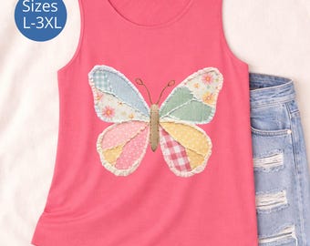 Camiseta sin mangas de talla grande con estampado de mariposas y patchwork, camisa de primavera, camiseta patchwork para mujeres de talla grande, ropa cottagecore, camiseta sin mangas Comfort Colors