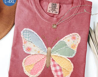 Plus Size Faux Patchwork Butterfly T-shirt, Spring Shirt, Patchwork Shirt For Plus Size Women, Cottagecore Apparel, Comfort Colors Shirt