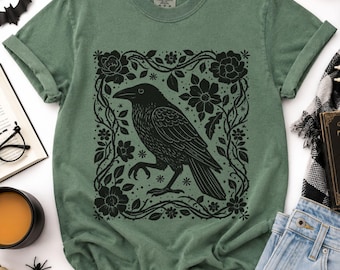 Halloween Kraai T-shirt, Zwarte Raaf T-shirt voor Goth-vrouwen, Gotisch Vogel Topje Cadeau, Donker Esthetisch T-shirt, Heksenachtig Shirt in Grote Maten, Donker Academia Shirt