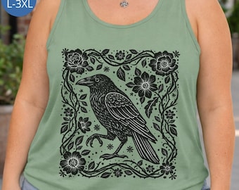 Camiseta de cuervo linograbado de talla grande, camiseta de colores cómodos, camiseta de cuervo negro para mamá gótica, camiseta de pájaro gótico para mujeres de talla grande, regalo para amantes de las aves