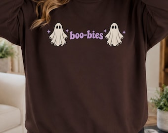 Boo-bies Ghost Sweatshirt, plus size grappige Halloween trui met ronde hals, schattige spooktrui, brutaal spookwoordspeling cadeau voor haar, herfstcadeau-idee voor vrienden