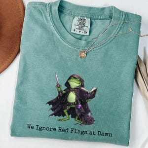 Puede incluir: Una camiseta verde espuma de mar con un gráfico de una rana verde con capa morada oscura, sosteniendo una daga plateada y un libro abierto. El texto "We Ignore Red Flags at Dawn" está impreso en negro debajo de la ilustración.