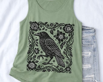 Tanktop met linoleumsnede en kraai, zwarte raven top voor gothic vrouwen, gotische vogel tanktop, plus size donkere esthetiek T-shirt, heksenachtig shirt, Dark Academia raven top