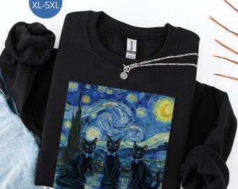 Sudadera de gato negro de Van Gogh de talla grande, regalo para amantes del arte para mujeres de talla grande, camiseta de noche estrellada para amantes de los gatos, camiseta del Día de la Madre para mamás gatas