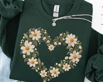 Sweatshirt met nep-patchwork madeliefjes, ronde hals met bloemenhart, shirt voor botanische liefhebbers, geboortebloemcadeau voor haar in april, top in cottagecore-stijl.